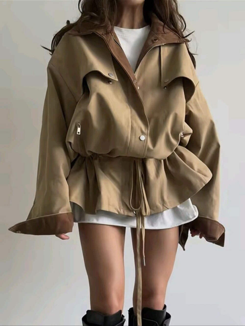 Jacket Lapel Pockets Belt Cinched Waist Zipper Full Sleeve Slim Female Coat Autu